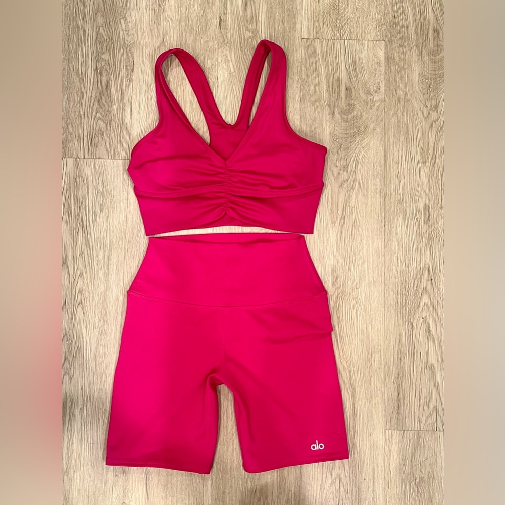 ALO Yoga Hot Pink High-Waist Biker Shorts and Wild Thing Bra set